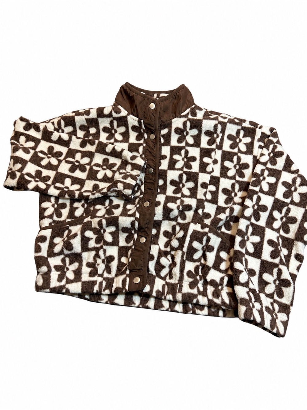 Brown Cream Floral Checkerboard Fleece Snap Jacket Women’s Small